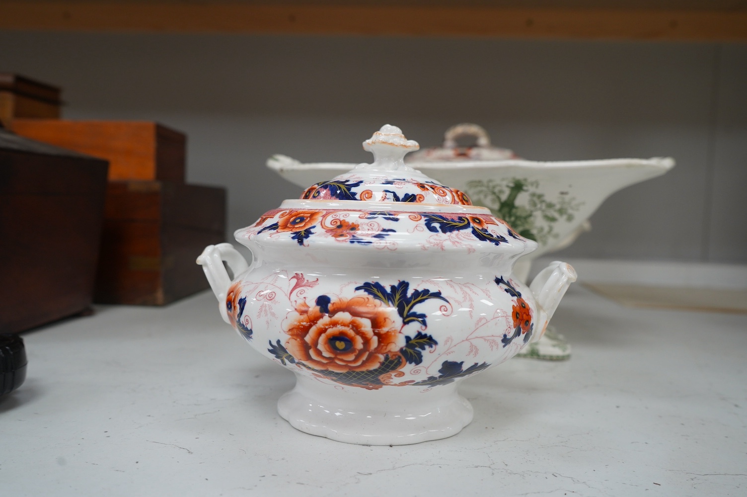 A Mason's ironstone tureen and cover, early 20th century, a Victorian Peking comport and a floral bowl and cover, largest 33cm (3). Condition - good